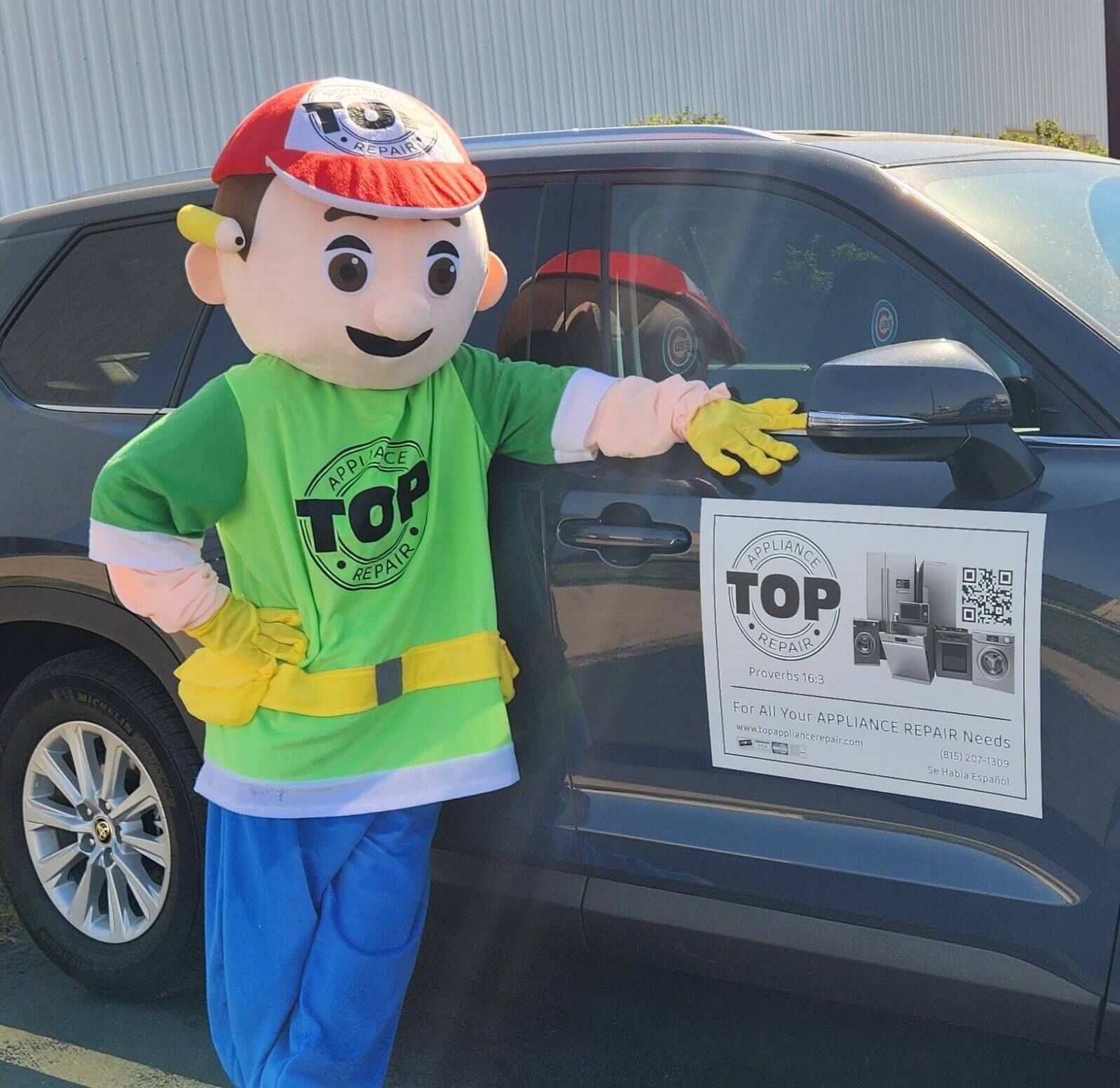 A person in a colorful mascot costume stands next to a car with a flyer on the window.