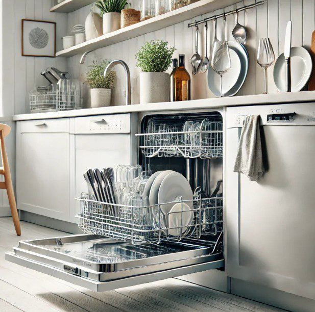 Modern kitchen dishwasher loaded with clean dishes