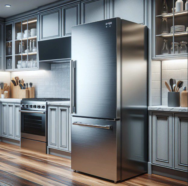 Modern kitchen with a sleek stainless steel refrigerator and gray cabinetry.
