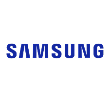 Samsung logo in blue on a dark background.