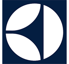 A modern, abstract logo with white shapes on a dark background.